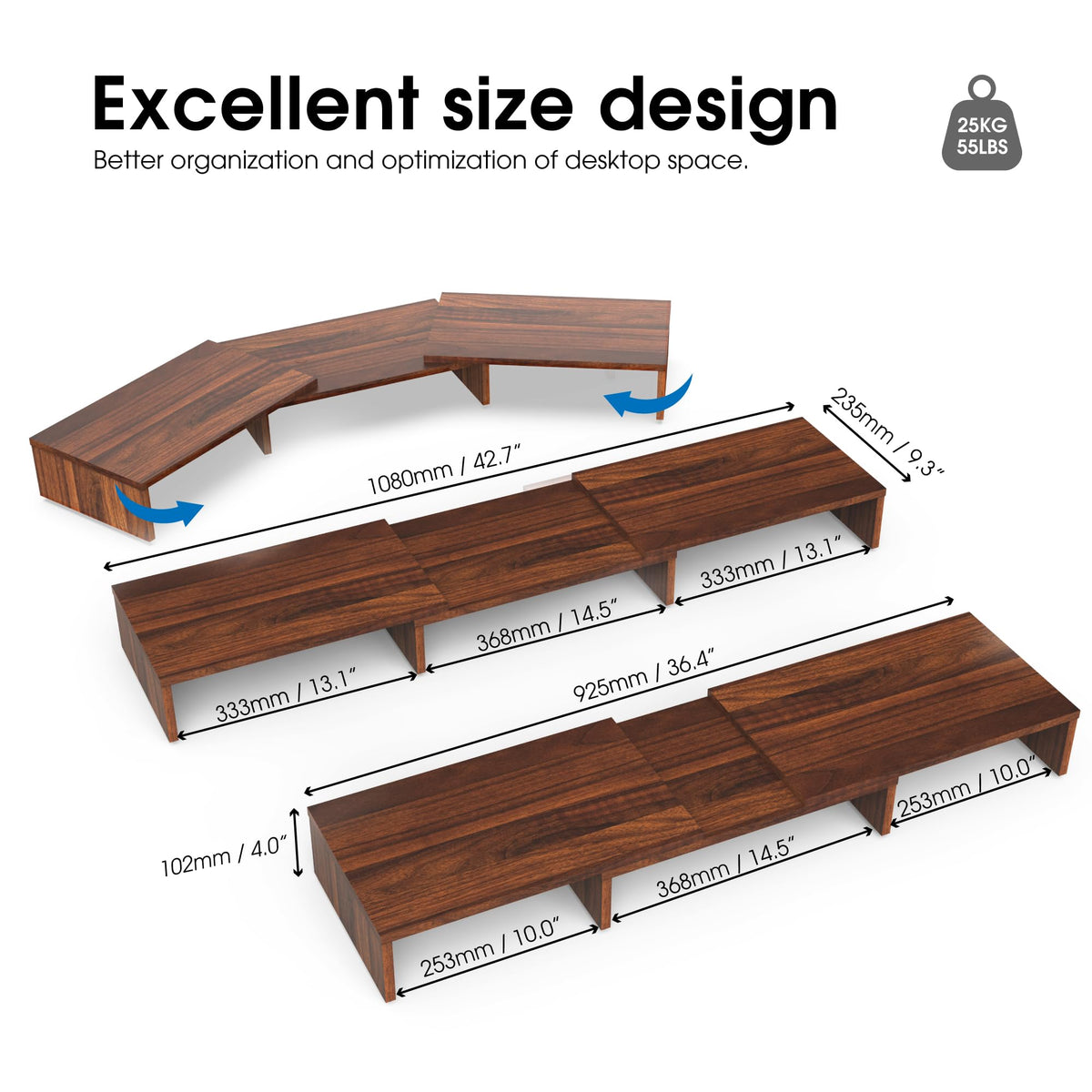 FITUEYES Dual Monitor Stand – 3 Shelf Computer Monitor Riser, Wood Desktop Stand with Adjustable Length and Angle, Desk Accessories, Office Supplies Medium Brown, DT108002WB