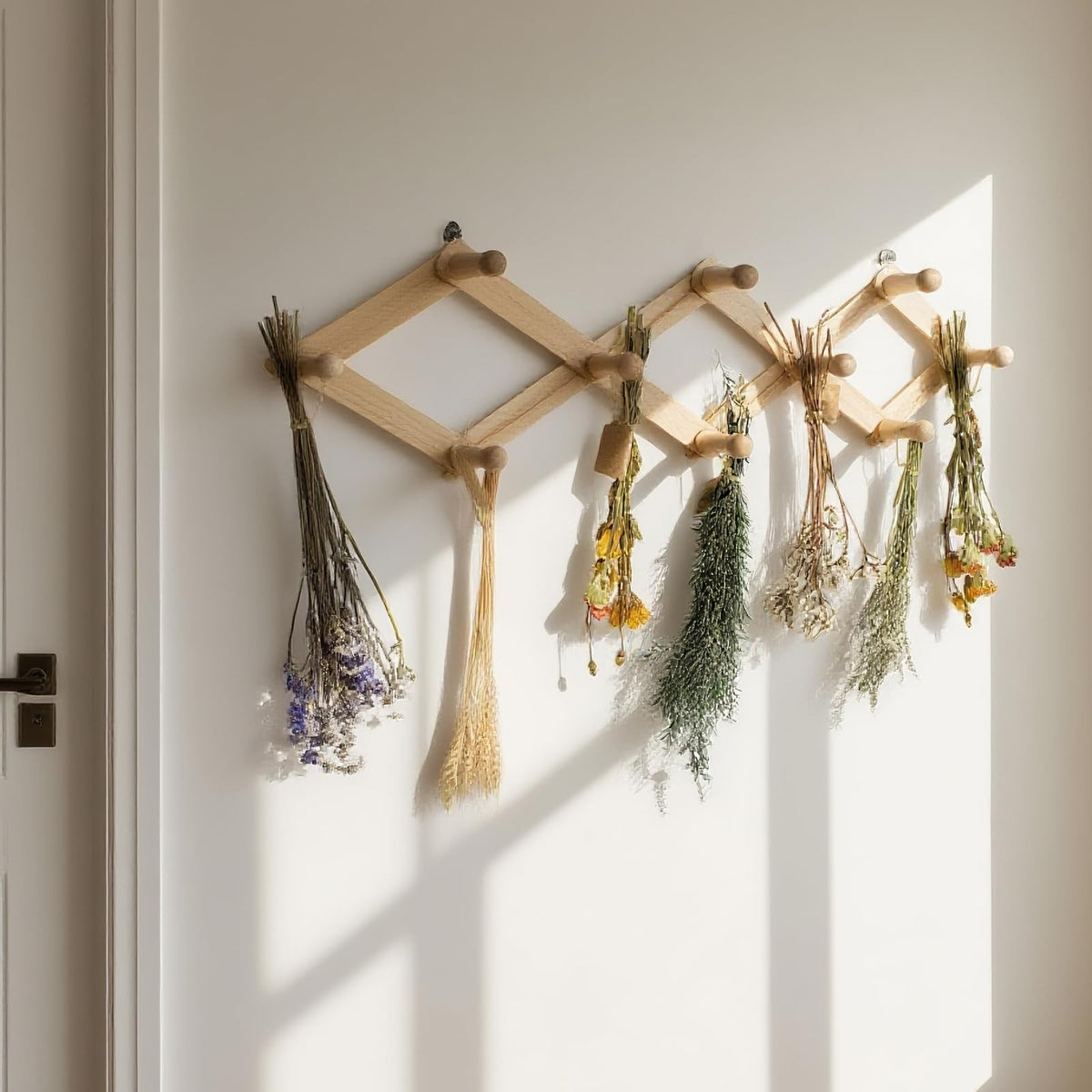 Tnstbiee Rustic Adjustable Hanging Herb Drying Rack-Holds 10 Bouquets, Space-Saving Herb Flower Dryer with Adhesive Wall Hooks for Herb Display Rack,Kitchen Wall Décor-Unusual Gifts for Gardener Woman