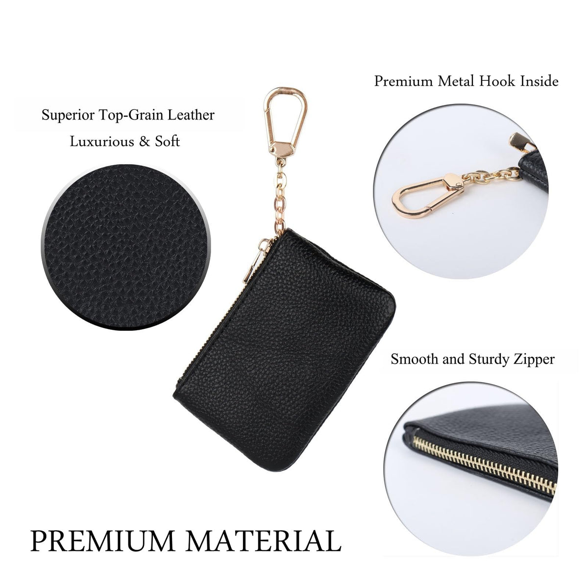 LARENNT Full Grain Leather Coin Purse With Key Chain - Small Change Purse Card Holder Keychain Pouch Wallet for Women and Men (Black)