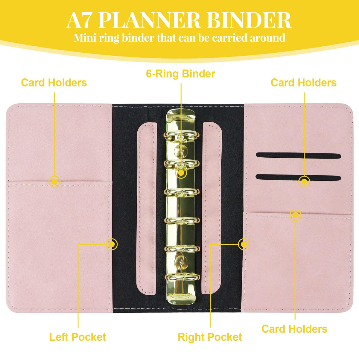 MultiBey A7 Refillable Notebook Planner Cover 6 Ring, Mini a7 Binder Wallet Budget Binder Notebook Folders PU Leather Organizer with Zipper Pockage and Pen, Aesthetic Black Loose Leaf Binder