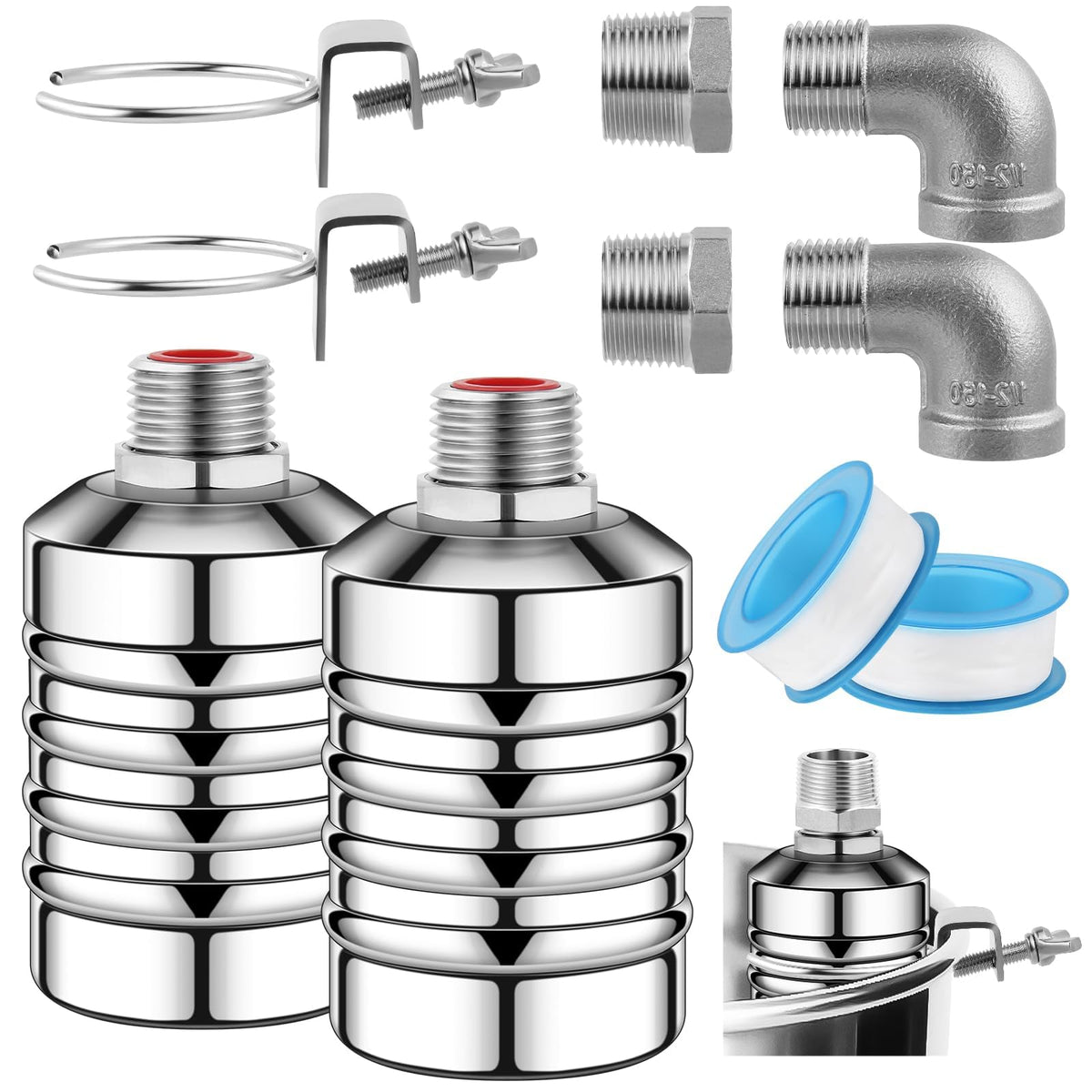 2Pcs Water Float Valve for Water Tank, Aquapulse Automatic Water-Level Control System, 1/2" to 3/4" Stainless Steel Water Shut Off Float Valve for Water Tower, Pool, Livestock Troughs