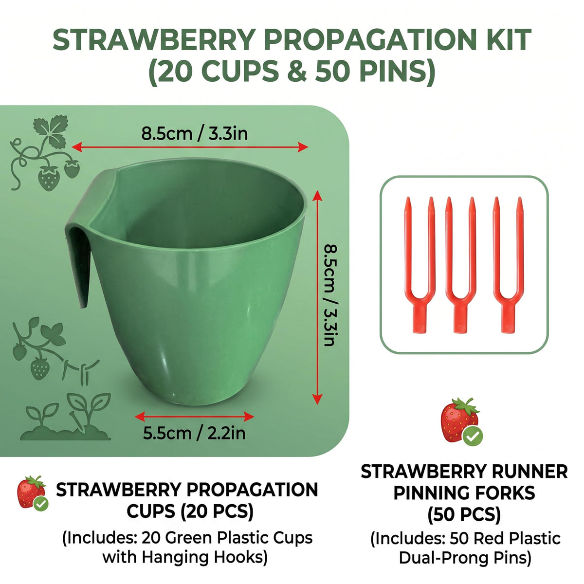 Xoeryoy Strawberry Propagation Cups, 20 Pack Large Plastic Plant Cups with 50 Runner Forks Breathable Pots for Berry Plant Rooting, Space-Saving Hanging Design, L