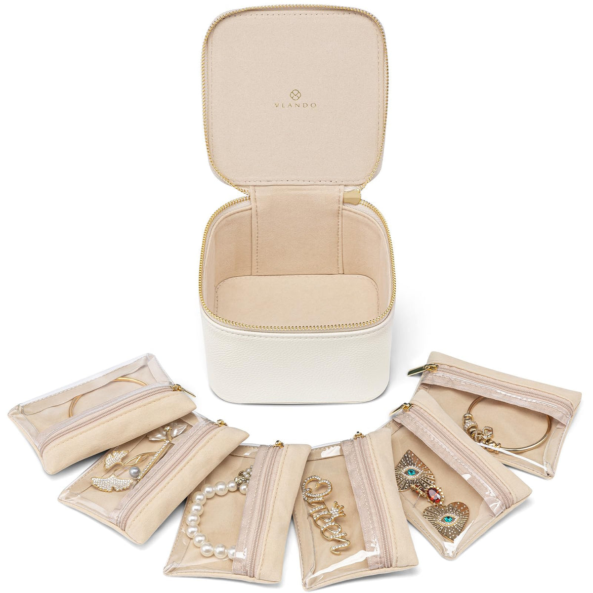 VLANDO Travel Jewelry Organizer Case with 6 Clear Velvet Zipper Pouches, Faux Leather Jewelry Storage Box for Rings, Earrings, Necklaces and Bracelets, Gift for Women