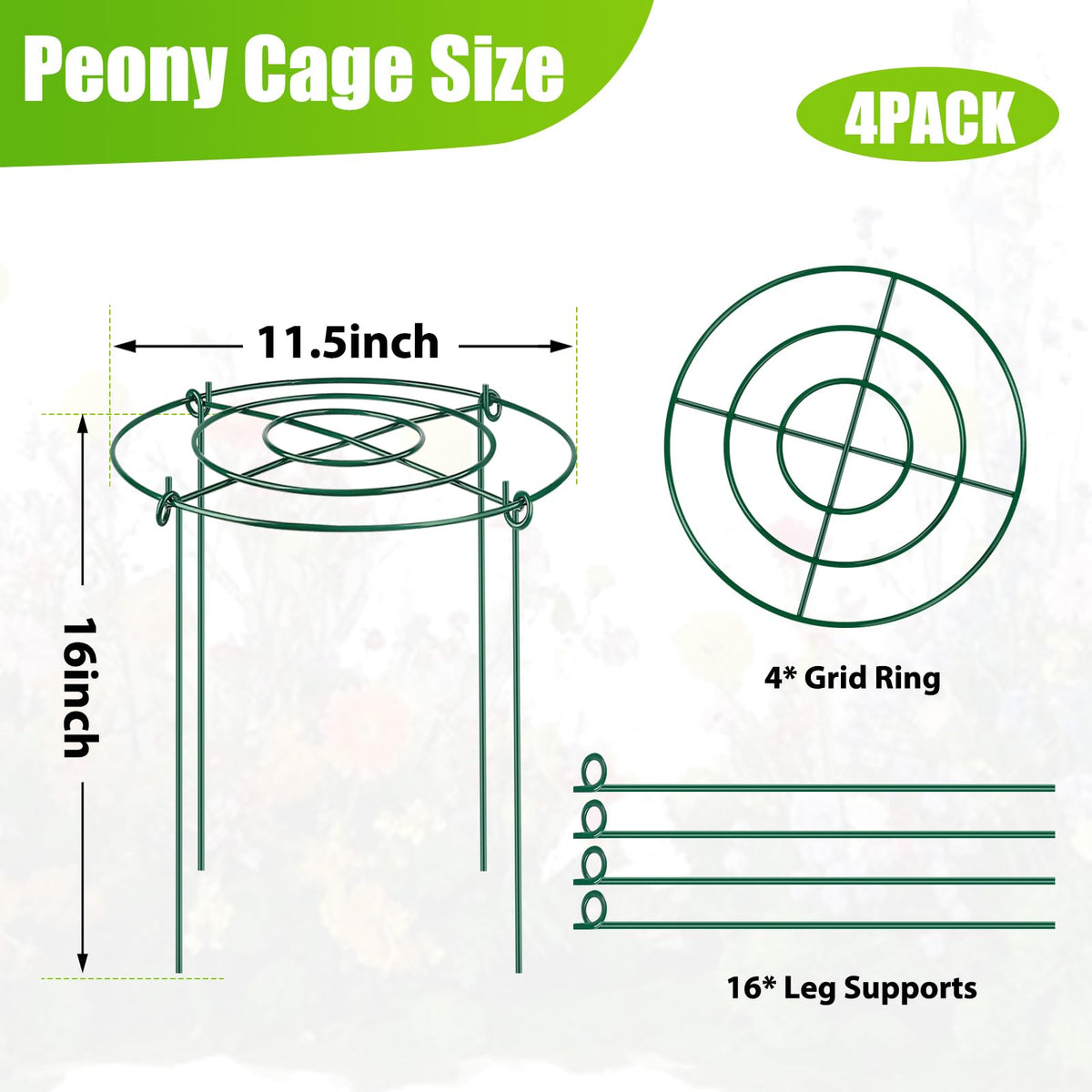 4 Pack Peony Cages and Supports, 11.5" Dx16 H Plant Supports for Outdoor Plants, Heavy Duty Metal Peony Support Cage Flower Support Rings, Plant Support Ring for Rose Tomato Hydrangea Strawberry