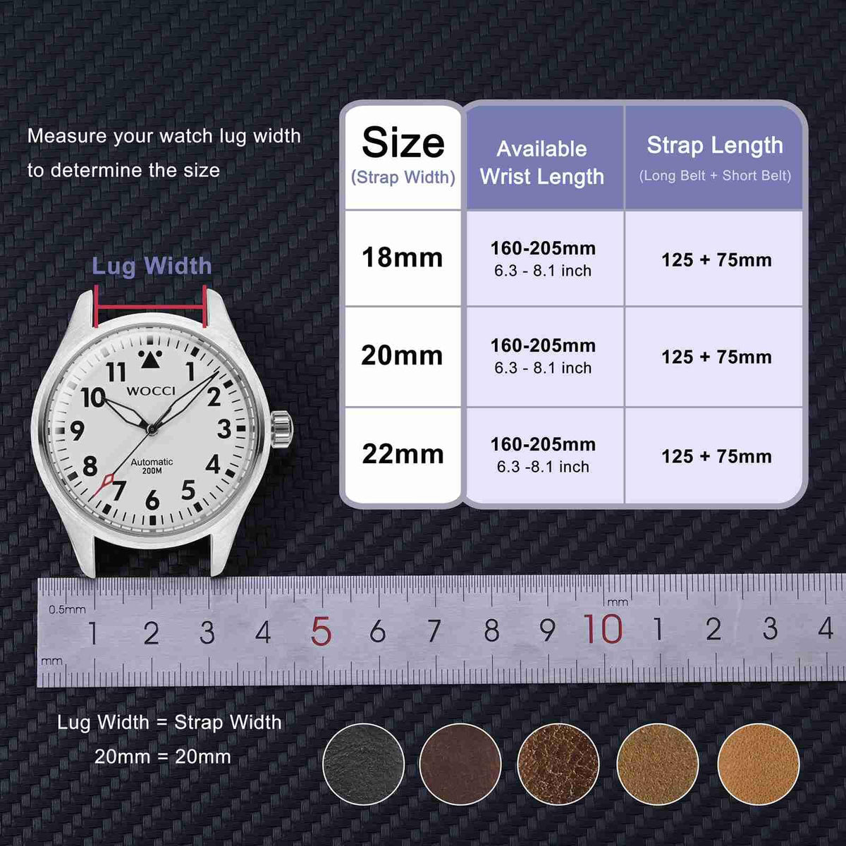 WOCCI 18mm Watch Band, Genuine Leather, Quick Release Replacement Strap, Black Buckle (Black)