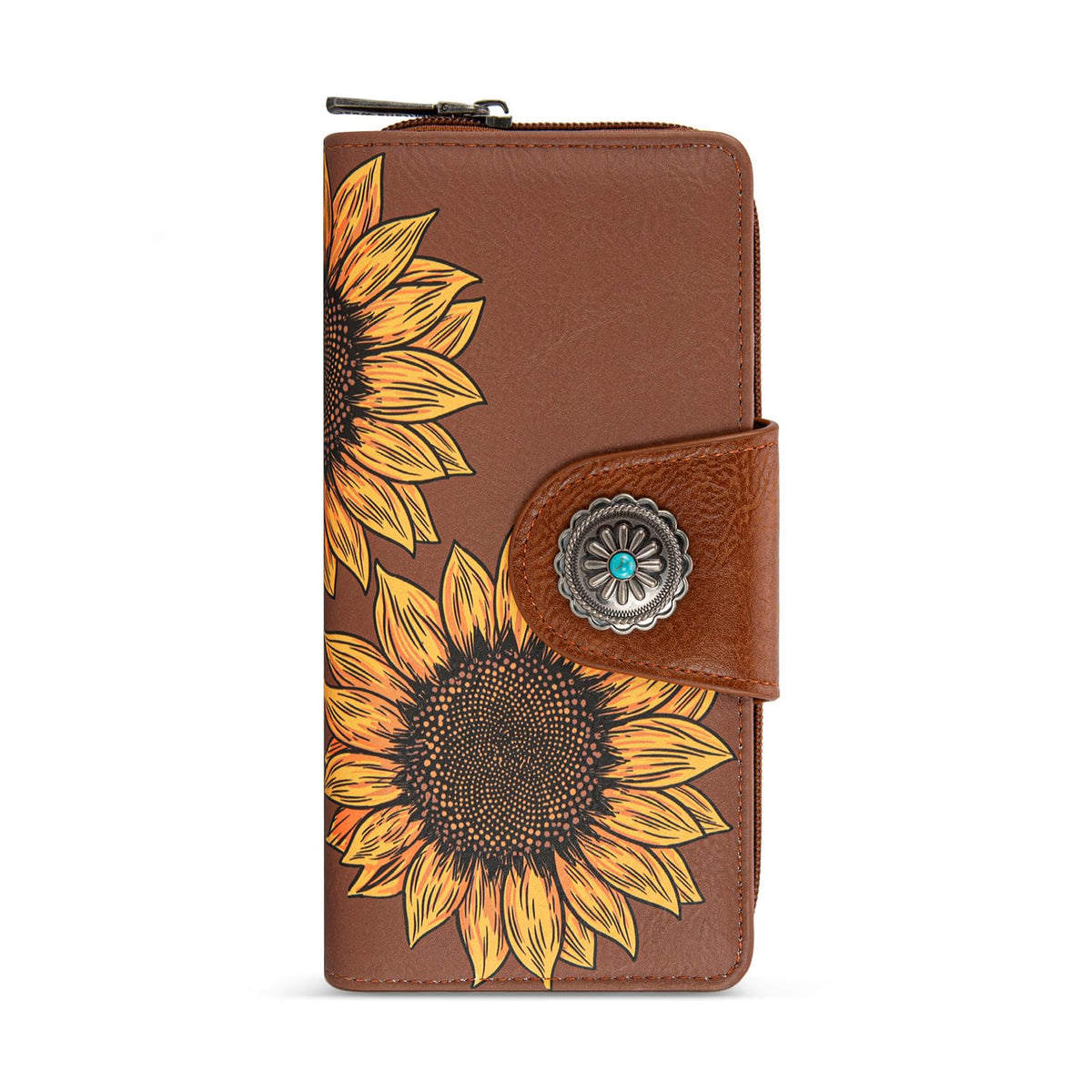 Montana West Brown Sunflower Wallets for Women RFID Blocking Wallet Large Capacity Phone Clutch Wallet Ladies Female Western Bifold Wallets with Coin Purse