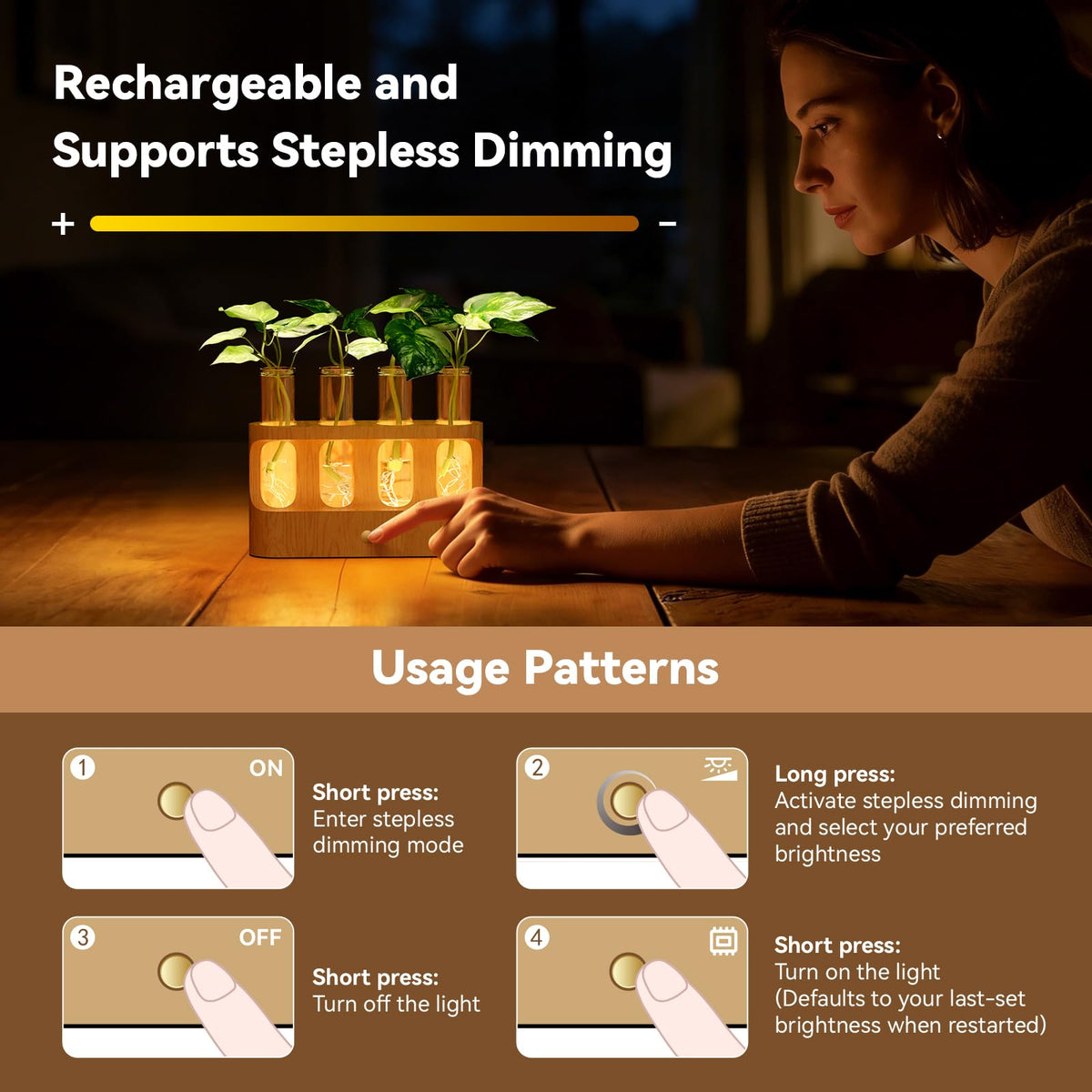 Lightalent Rechargeable Plant Propagation Station with Stepless LED Light, Wooden Stand & 4 Propagation Test Tubes, Hydroponic Plant Terrarium for Indoor Home Decor, Gift for Plant Lovers and Mothers
