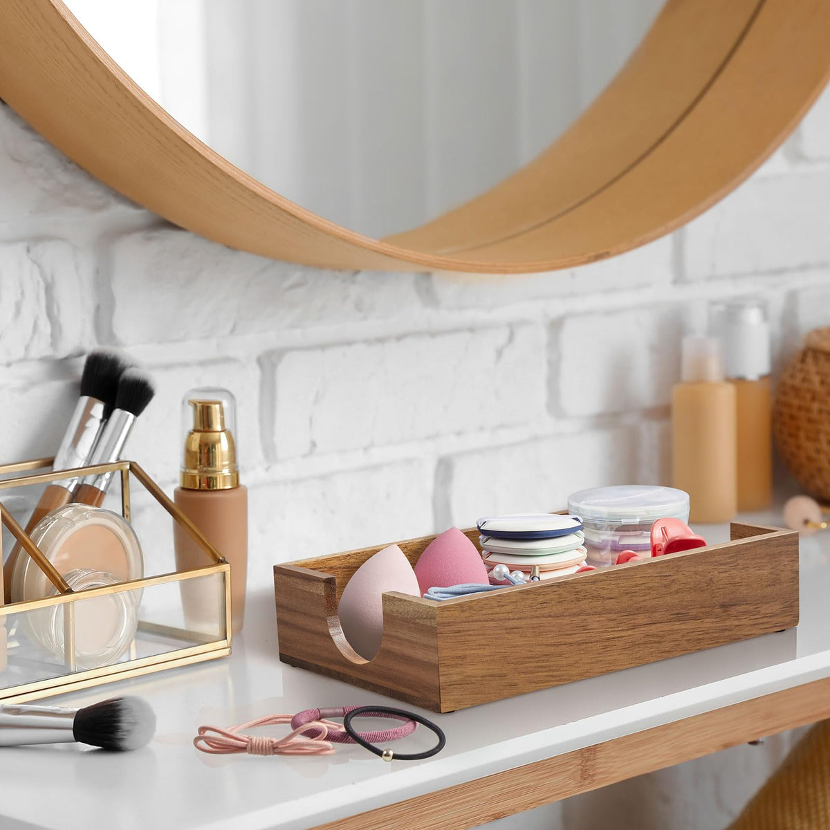 Napkin Holder for Bathroom, Acacia Wooden Guest Towel Holder Tray for Bathroom Bundle Mouthwash Dispenser for Bathroom, 16 OZ Glass Mouthwash Dispenser with Pour Spout and Acacia Wood Cup Holder