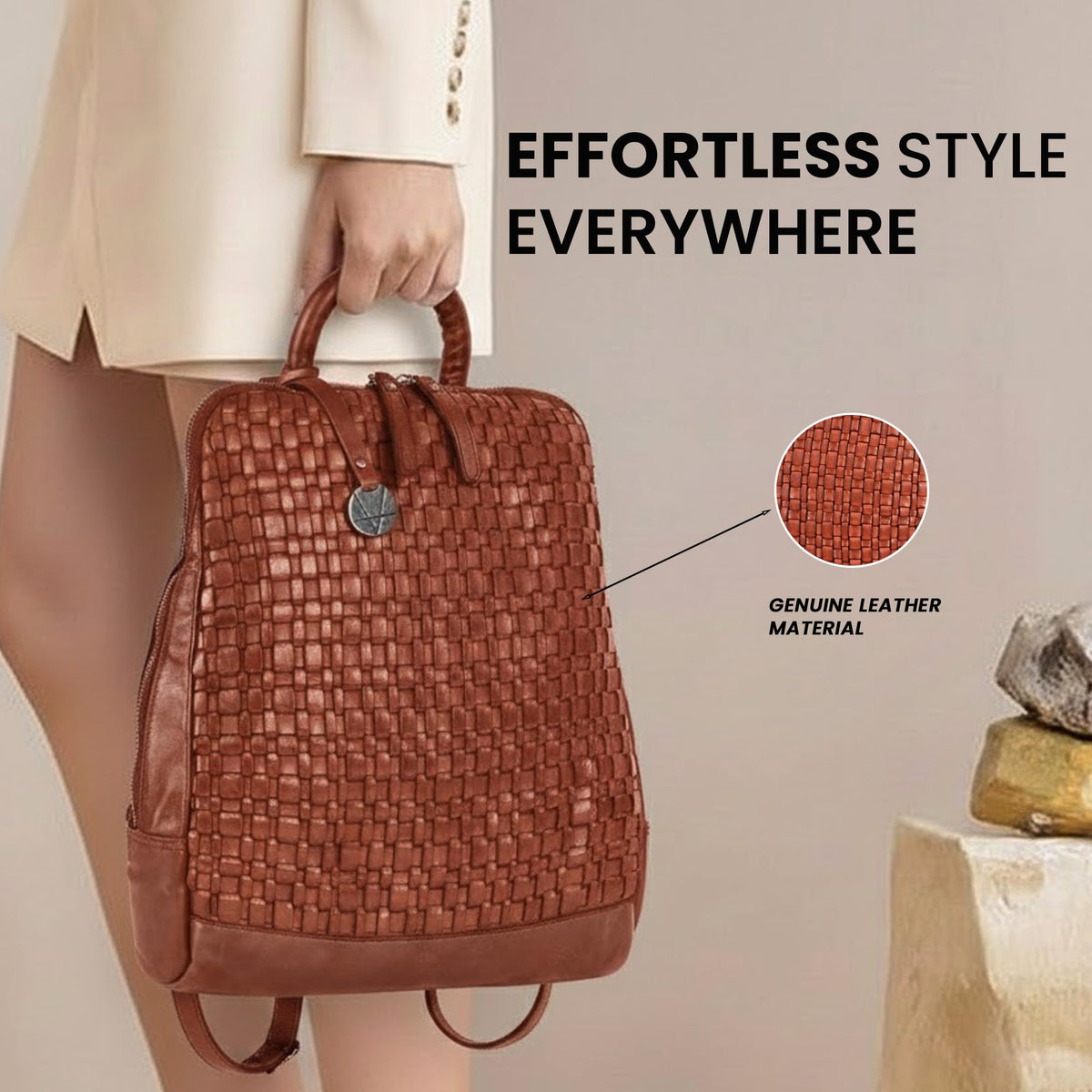 VILENCA HOLLAND 12.5 Inch Genuine Leather Backpack for Women and Men, Cognac Leather Backpack with Adjustable Shoulder Strap