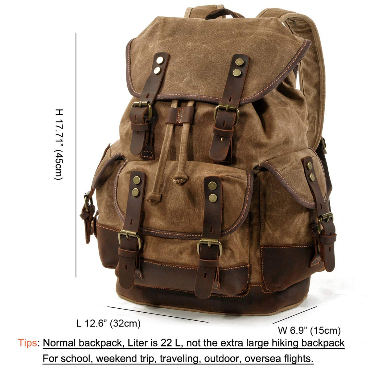 WUDON Men Travel Backpack, Genuine Leather-Waxed Canvas Shoulder Hiking Rucksack (Khaki)