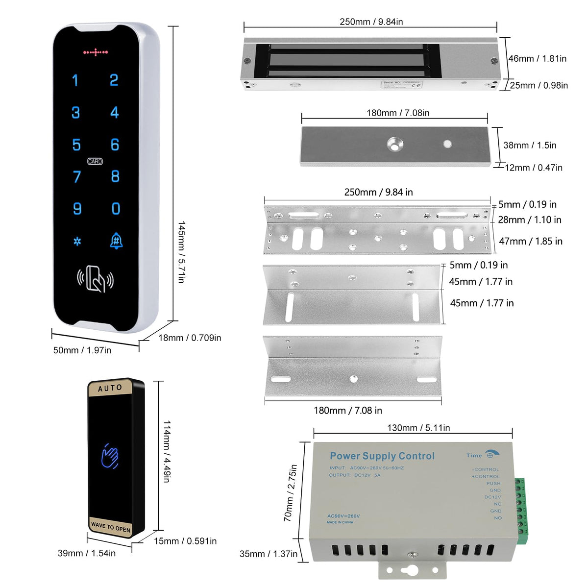XYBkey Outdoor waterproof access control system kit, RFID touch keypad door lock, smart remote control metal door opener, 600 lb electromagnetic lock + ZL bracket, NFC mobile phone unlocking 、Doorbell