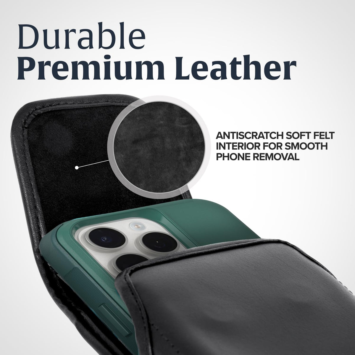 Turtleback Belt Clip for iPhone 16 Pro Max, 15 Pro Max, 14 Pro Max -Medium- Fits w/Shockproof Commuter Style Cases, Premium Black Leather Vertical Belt Holder, Magnetic Closure HD Rotating Clip