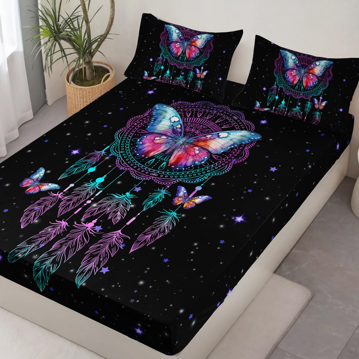 HOSIMA Dream Catcher Fitted Sheets Full Size Bed,Butterfly Feather Dream Stories Bedding Set Kidcore Room Decor Aesthetic Black Galaxy Starry Boho Bedding Set with 2 Pillowcases.