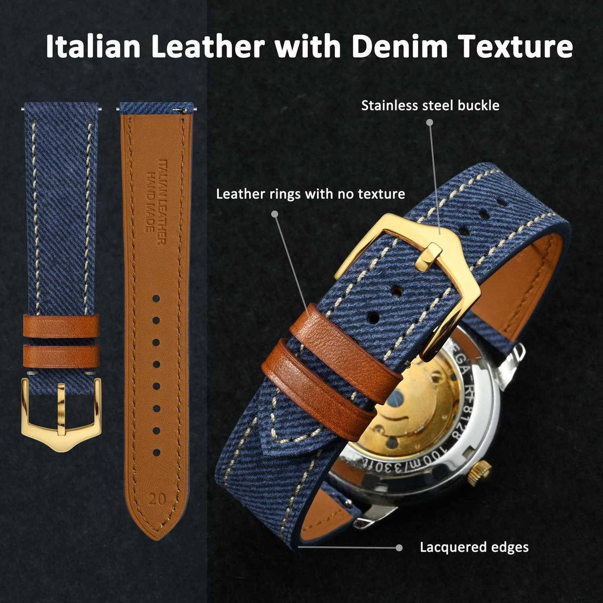 WOCCI 20mm Watch Band, Italian Leather, Denim Pattern, Golden Buckle (Denim Blue)