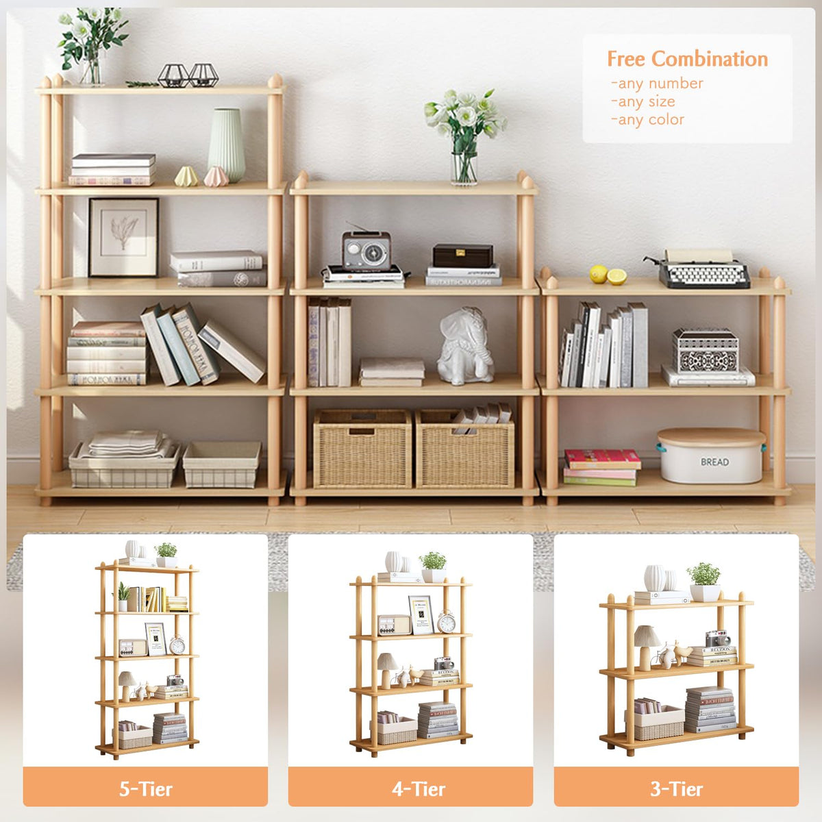 IOTXY 5-Tier Wooden Shelf Bookcase - Modern Open Bookshelf, Free Standing Storage Rack, Multifunctional Display Stand for Home and Office, Oak, Rectangle
