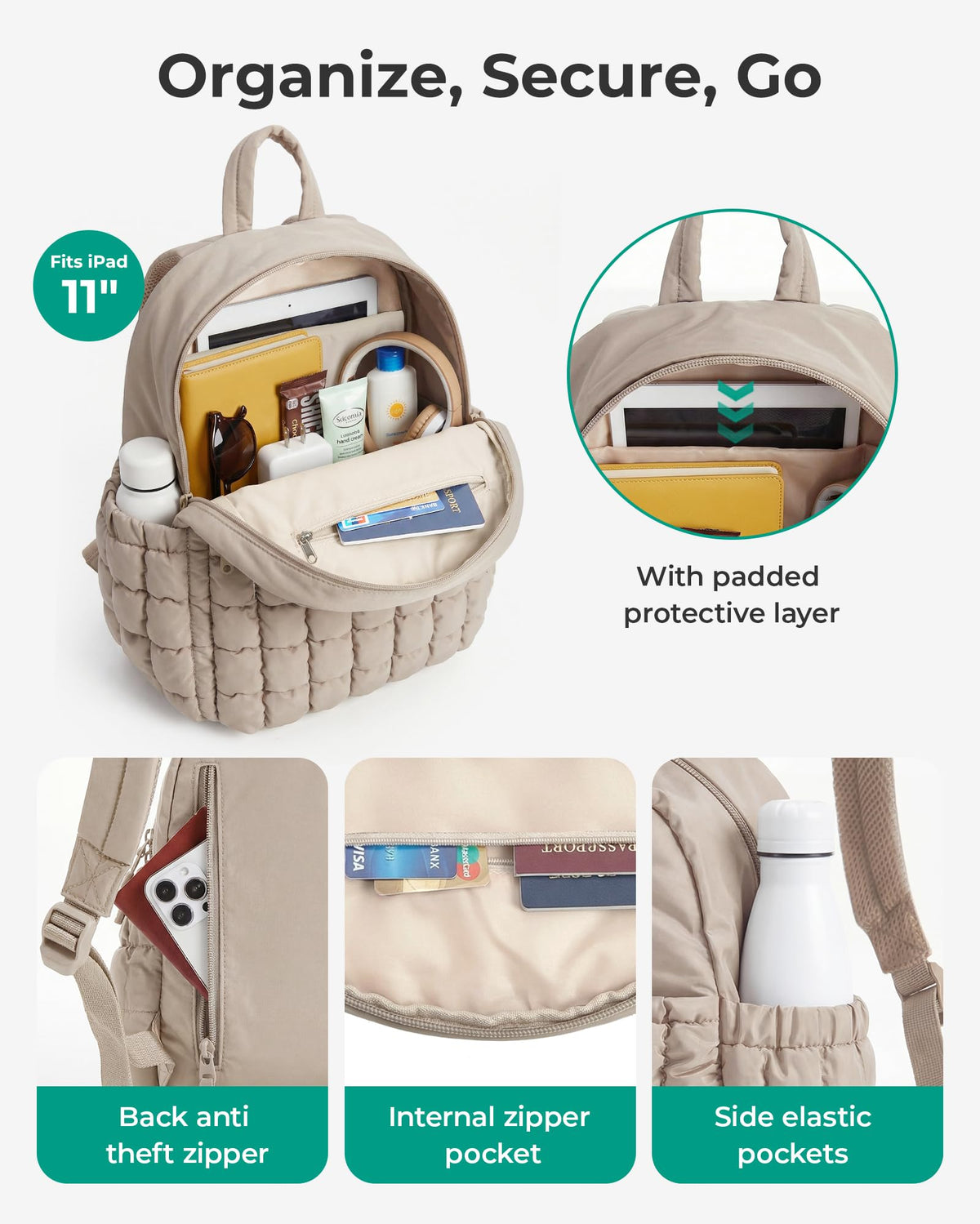 BAGSMART Mini Backpacks for Women, Puffy Checkered Quilted Small Backpack with Pouch, Lightweight Daypack Purse, Water-Resistant Bookbag for Daily Travel College, 2-in-1 Set, Brown