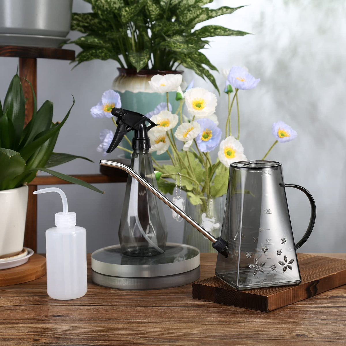Goowin Watering Can Indoor Plants, 47 oz Long Spout House Plant Flower Watering Can, Creative Wide Opening Plastic Watering Can with 16 oz Spray Bottle & 8.5 oz Squeeze Bottle, Grey