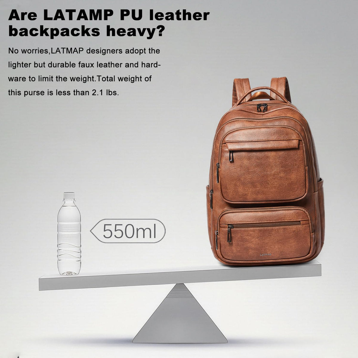 LATMAP 43L Backpack For Women Men Vegan Leather Backpack Purse Shoulder Bookbag 17 16 15.6 Inch Laptop Bag Handbags For Travel Work College Large Brown