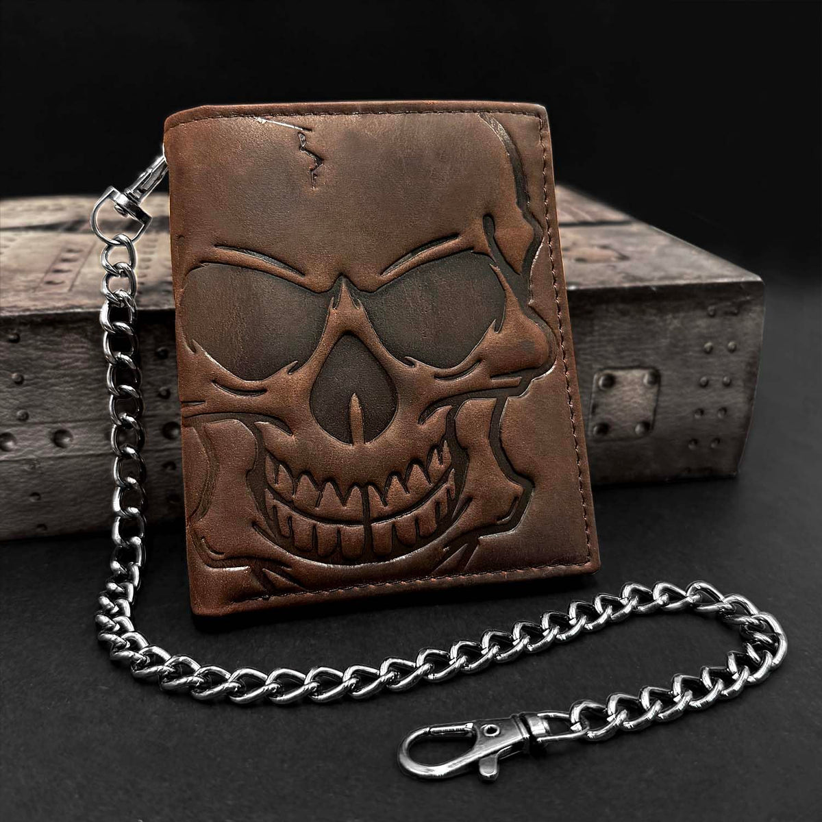 crazy hunter Skull Wallet for Men Bifold Card Holder Wallet Pocket Purse Cowhide Leather Wallet with Chain