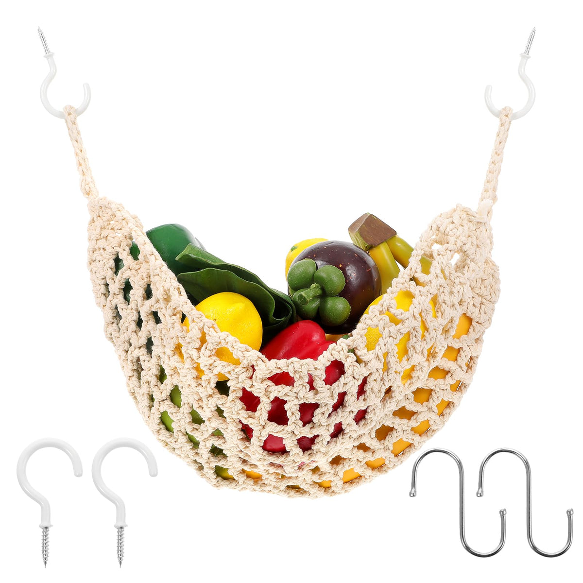 Hanging Fruit Hammock with Hooks Under Cabinet Macrame Basket for Kitchen Hand-Woven Boho Fruit Holder Net Organization Banana Basket for Home Dining Room Cabinet Decor Boat Camper Rv