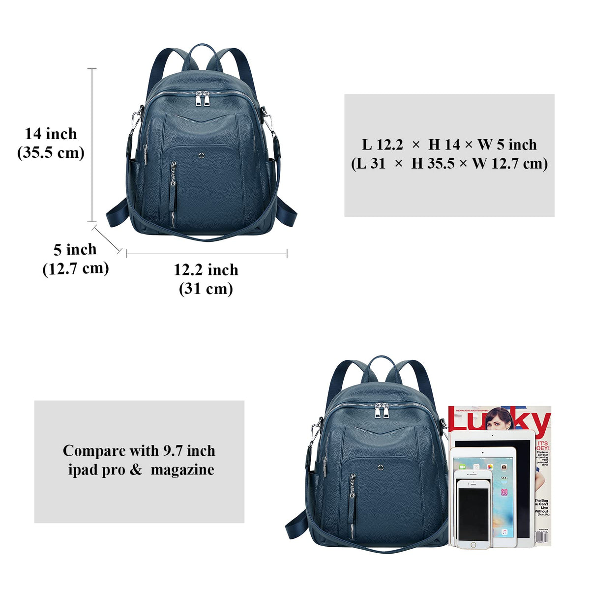 ALTOSY Fashion Genuine Leather Backpack Purse for Women Shoulder Bag Casual Daypack Medium(S9 Indigo Blue)