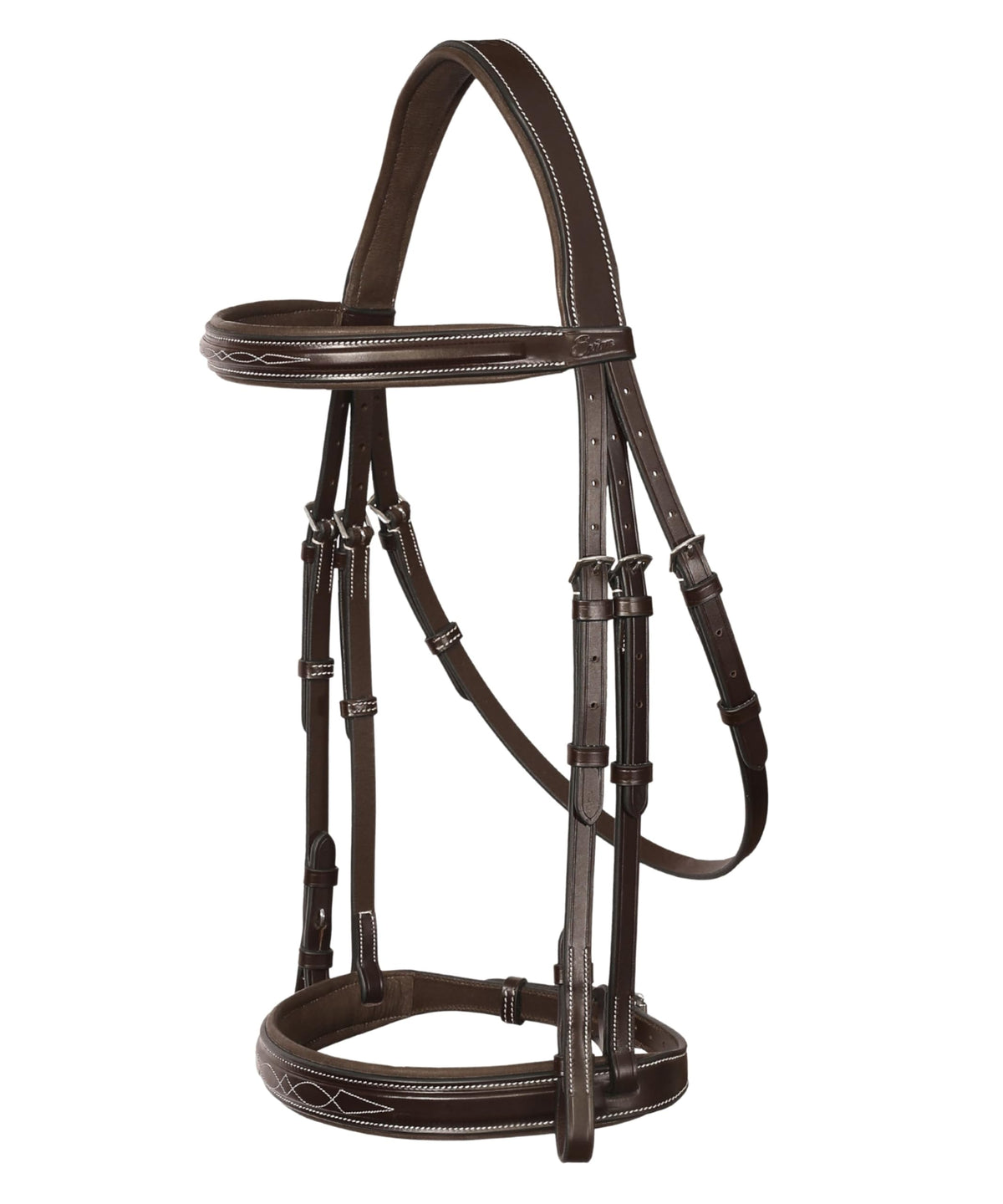 Exion Hunter Anatomic English Bridle – Padded Fancy Stitched Leather Bridle with Rubber Reins – Ergonomic Poll Relief Crownpiece for Jumping & Eventing – Stainless Steel – Havana Brown