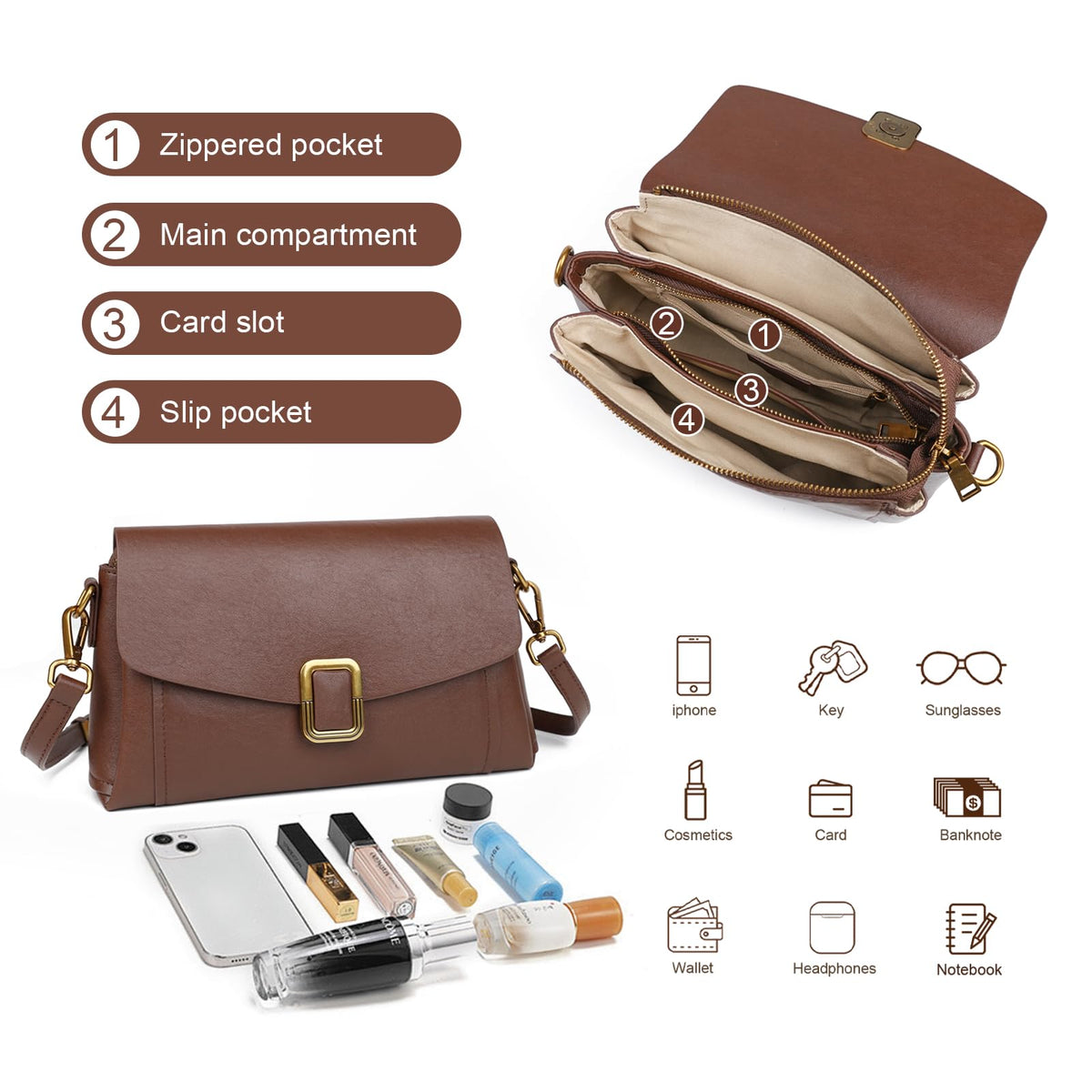 MoreFarther Genuine Leather Crossbody Bag for Women, Removable Satchel Adjustable Shoulder Bag (Chocolate)