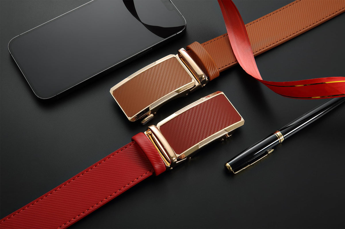 DOOPAI Men's Adjustable Ratchet Belt -Red Leather Dress Belt for Men, Customizable Fit, Easy to Use, Maximum Durability
