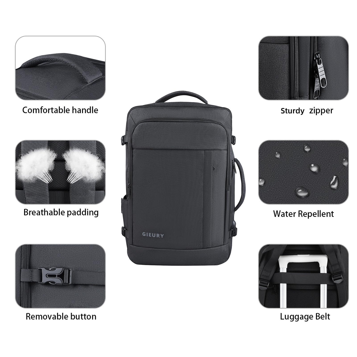 Gieury Carry On Backpack, 50L Travel Backpack, Luggage Backpack TSA Flight Approved Laptop Backpack for Men & Women, Large Expandable 40L Daypack Lightweight Business Weekender Bag, Black