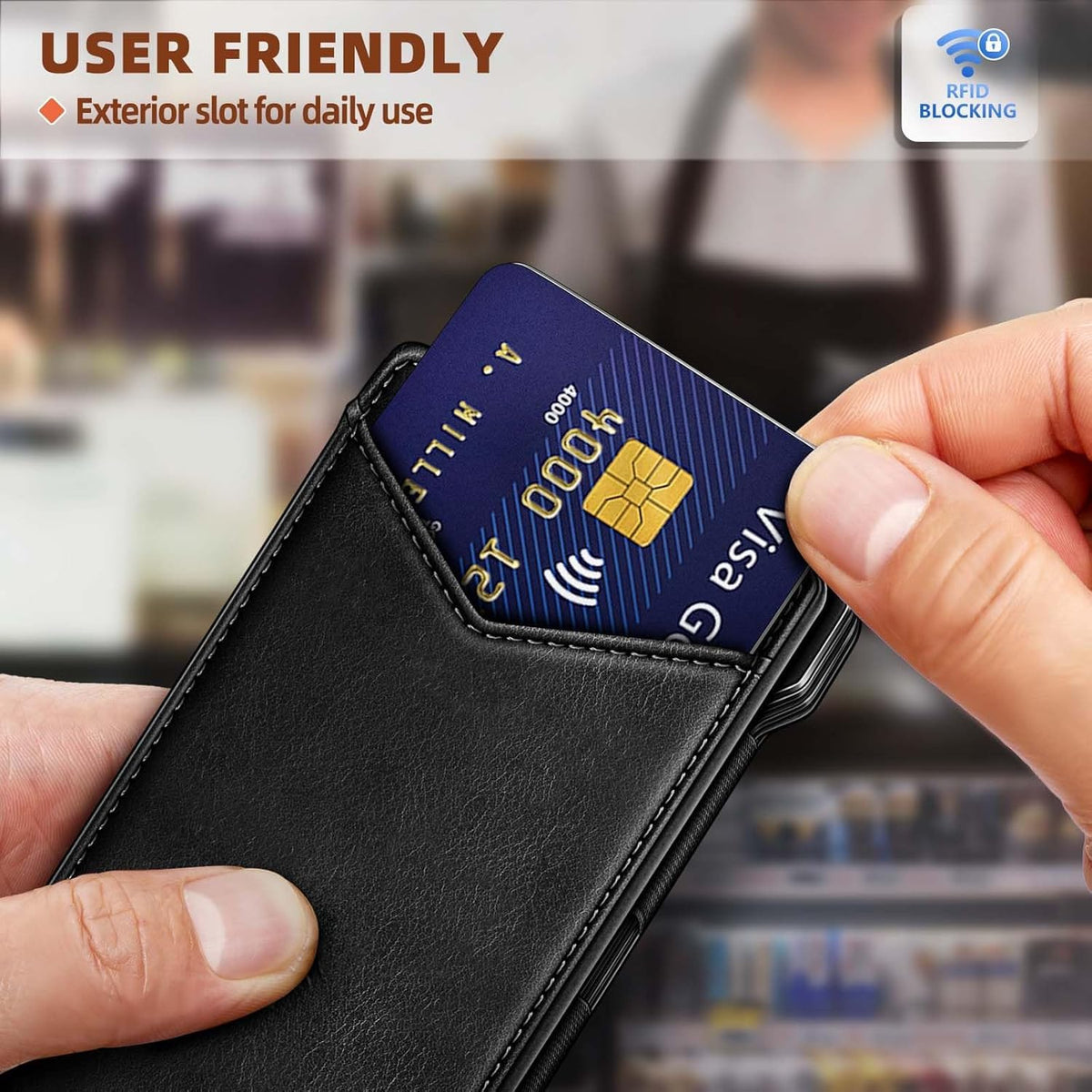 Men's Slim RFID Blocking Wallet Genuine Leather Front Pocket Design with Money Clip Holds 12 Cards Magnetic Flip Case (Black)
