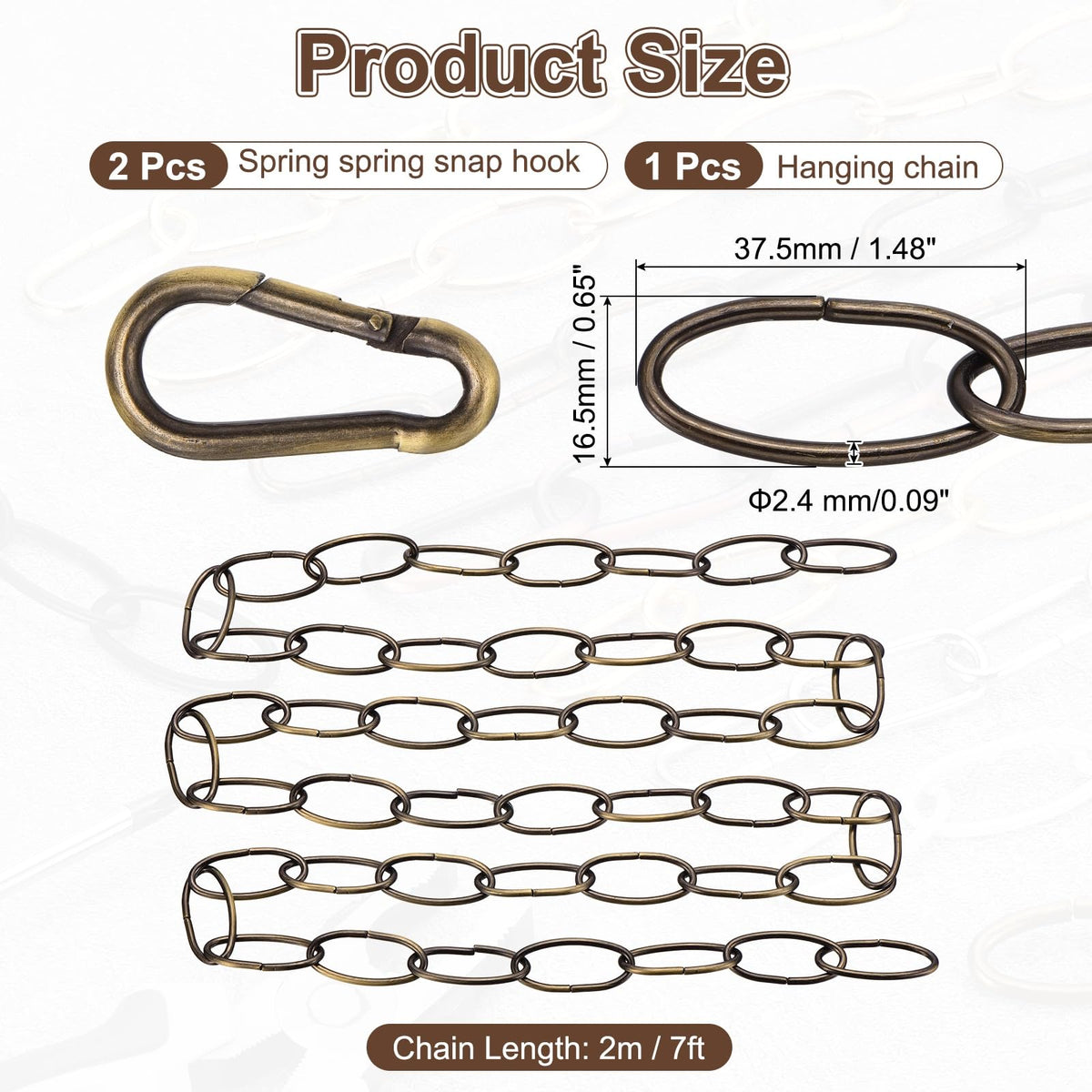 uxcell 7ft Lighting Hanging Chain, 2.4mm/0.09" Looping Metal Pendant Chandelier Chain Extension with 2 Spring Snap Hook for Hanging Plant Pendant Chandelier Light Fixture, Bronze