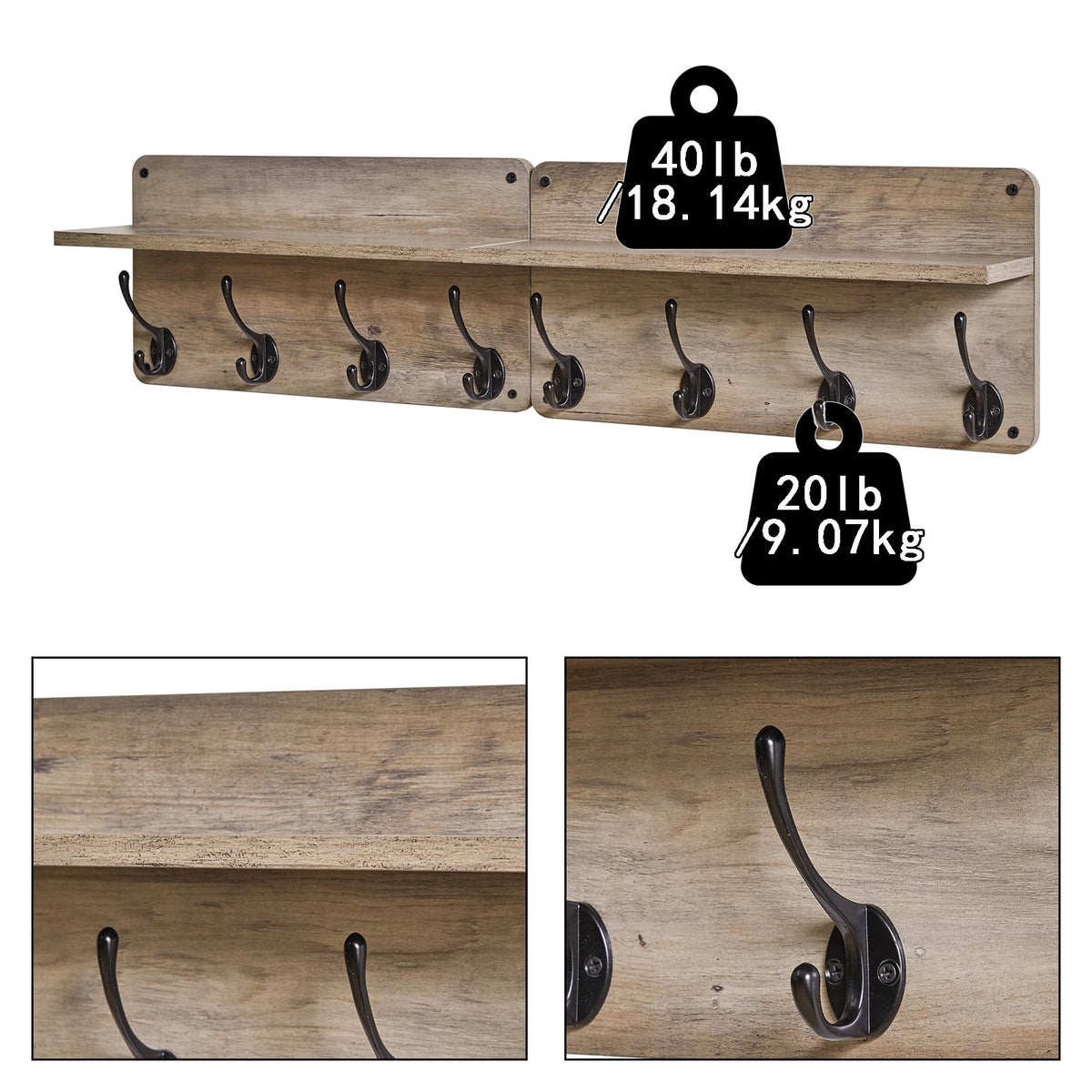 YMYNY Coat Rack Shelf Wall Mounted, Wooden Coat Hooks Set of 2, Entryway Coat Hanger with 8 Hooks,31.5''L Floating Shelves, Key Holder, for Bedroom, Bathroom, Living Room, Silver Gray UHWS006Y-2