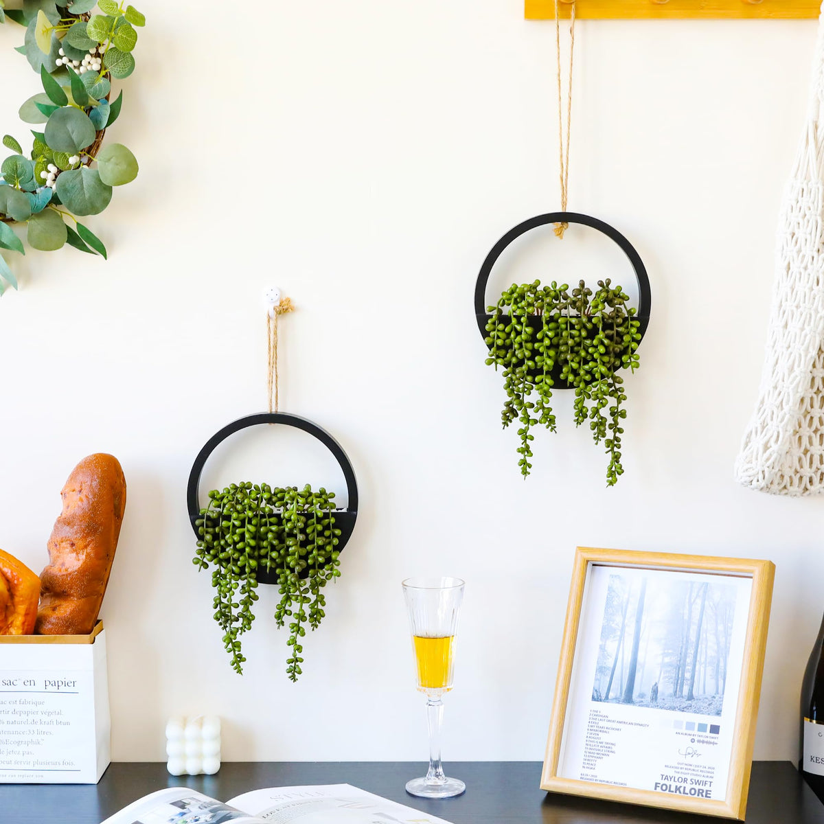 Floweroyal 2pcs Artificial Succulents Hanging Plants 12.2'' Fake String of Pearls in Pot with 8.3'' Lanyard for Indoor Outdoor Wall Decor (Black).