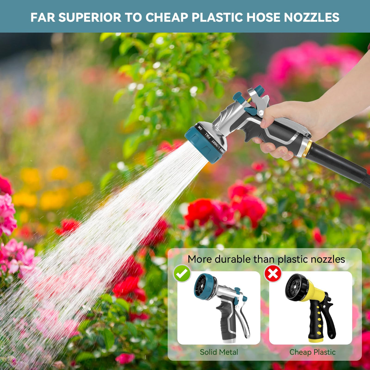 Garden Hose Nozzle, Heavy Duty Metal Water Hose Nozzle with 8 Adjustable Spray Patterns, High Pressure Hand Sprayer with Flow Control for for Garden Watering, Car & Pet Washing