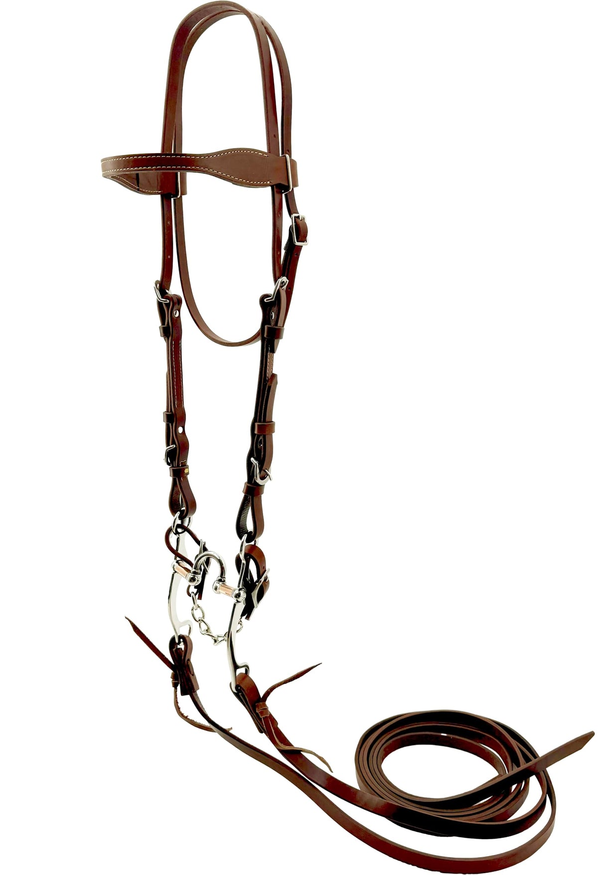 Jeereal Tack Bridle with Single Cheek Buckle Includes Stainless Steel 5" Correction Bit,5/8" x 7' Leather Split Reins and Leather Single Flat Link Chain Curb Strap
