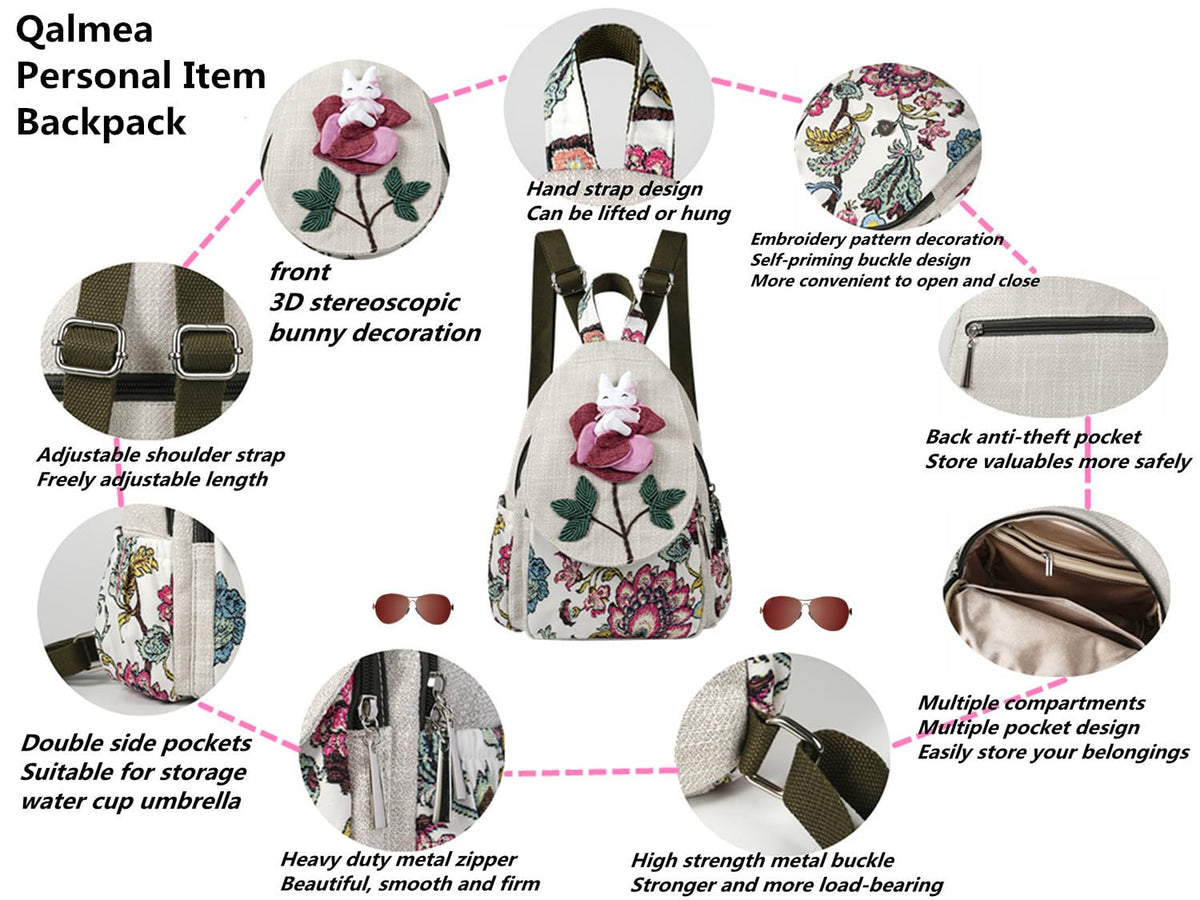 Qalmea Small Backpack for Women，Hippie Backpack Handmade Canvas Bags Casual Mini Handbag（Rabbit Pattern）