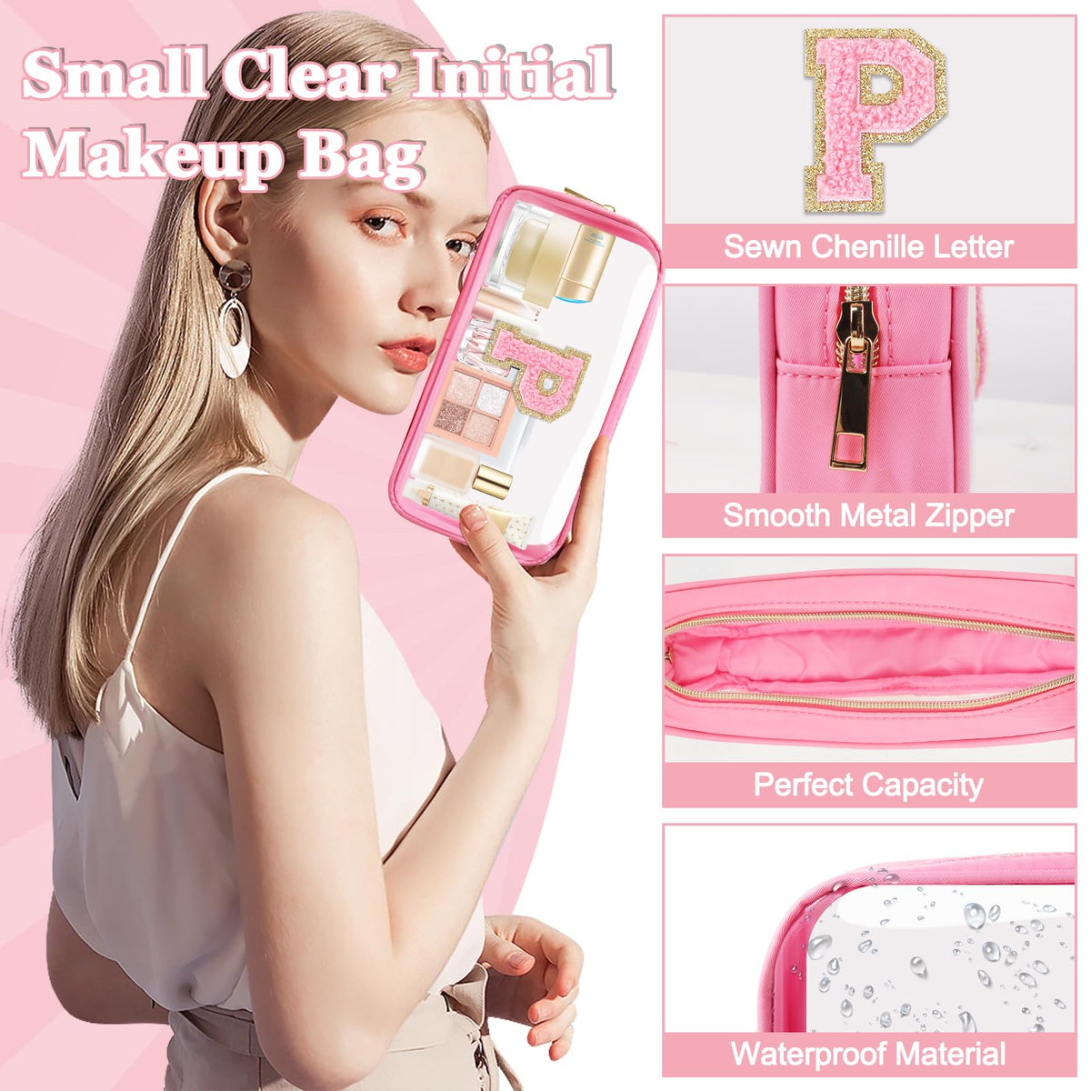 Small Clear Personalized Initial Makeup Bag, Preppy Nylon A-Z Chenille Letter Patch Makeup Organizer TSA Approved Travel Toiletry Bag,Waterproof Zip Beach Cosmetic Pouch Purse for Women(Pink-Pink P)