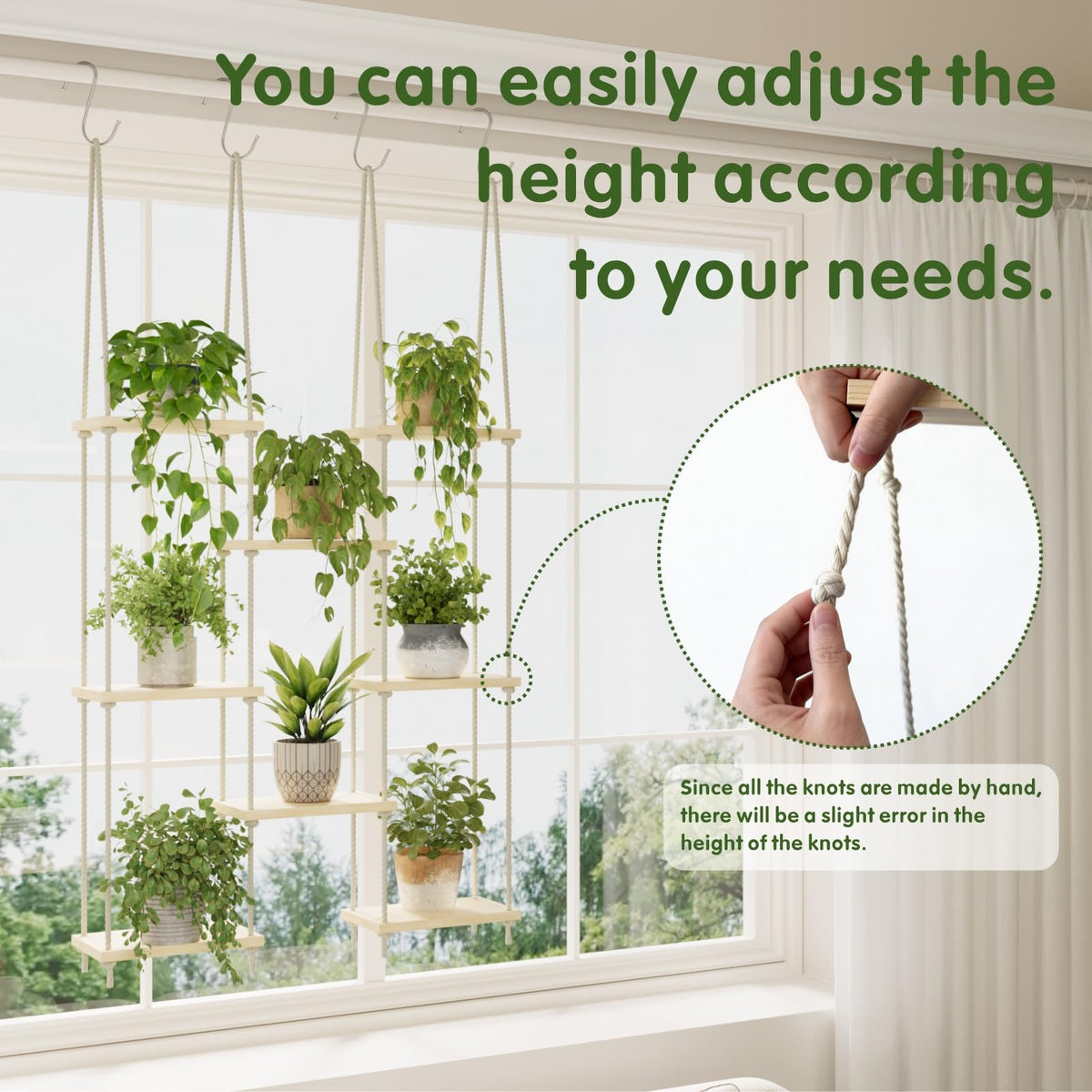 Vihawke Window Plant Shelves, 8 Tier Window Sill Shelf for Plants, Macrame Hanging Plant Stand Indoor, Plant Hanger Floating Shelves, Window Plants Holder Boho Decor Living Room Bedroom Wall Decor