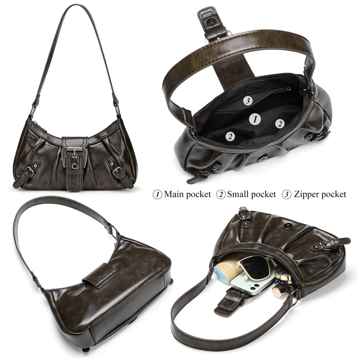 WantGor Women's Shoulder Bag Clutch Tote Bags Top Handle Purse Zipper Vintage Handbag Buckle Punk Hobo Purses Trendy Underarm Bag (Brown)