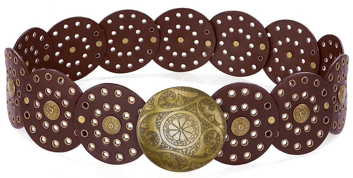 HIQUACC Wide Disc Belt for Women Vintage Leather Hollow Out Round Belt Western Waist Belt (Copper Brown S)