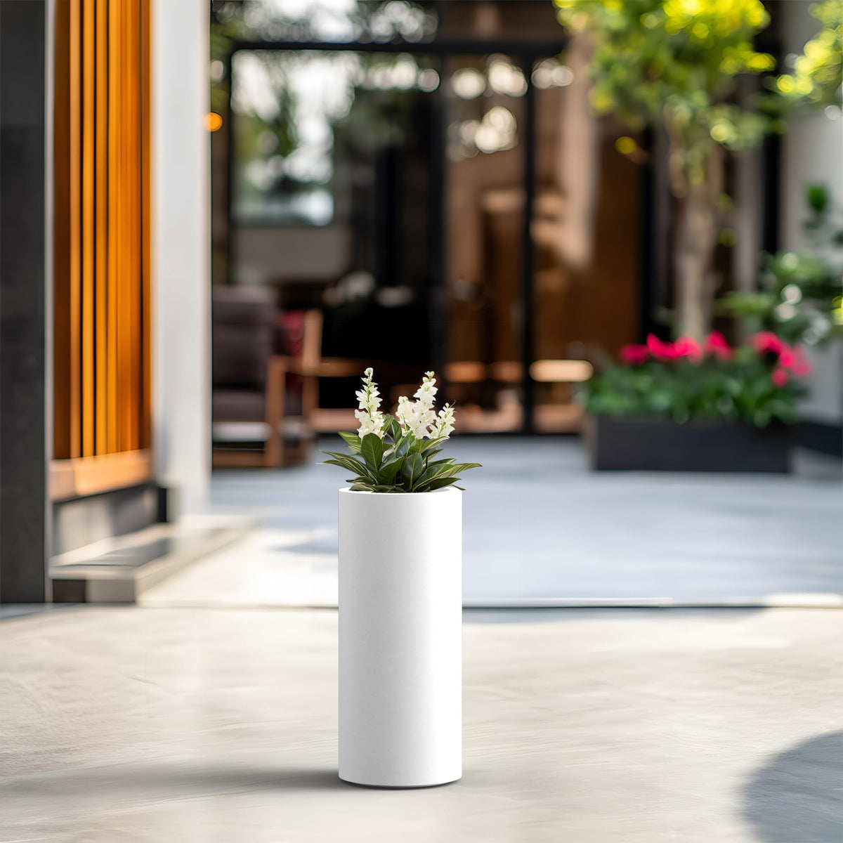 Kante 18.9 Inch Tall Cylindrical Planter, Large Round Plant Pots with Drainage Hole, Made with Concrete, Suitable for Indoor Outdoor Plants, Home Decor, White Finish with Painted Interior