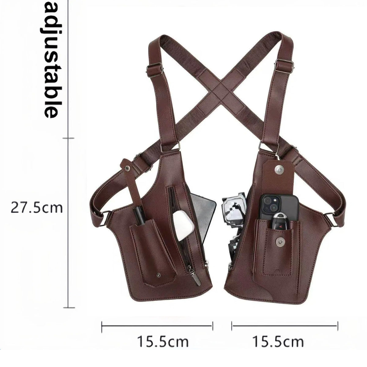 Tactical Double Shoulder Armpit Bag,Anti-Pickpocket Hidden Strap Wallet,Adjustable Leather Armor Crossbody Pack Multi-Pocket (Brown)