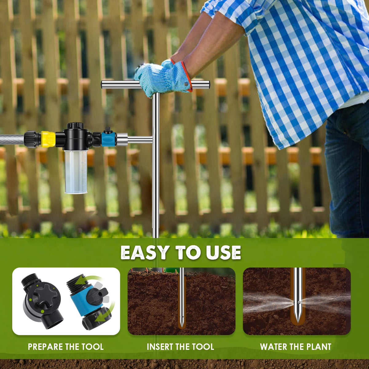 NEWTRY Deep Root Watering Tool, Root Feeder Waterer Irrigator Stainless Steel Tree Watering Spike with Fertilizer Bottle for Plants Trees Shrubs Bushes