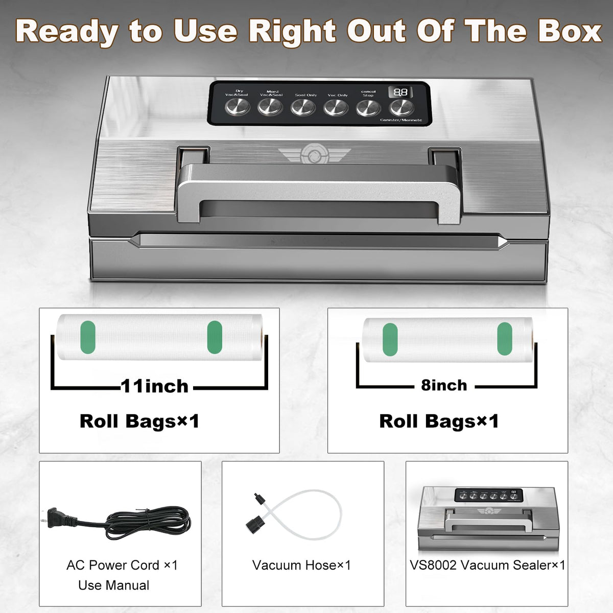 Precision Food Vacuum Sealer Machine, POWOT Fully Automatic Vacuum Sealing System, Commercial Food Vacuum Saver Pro, Double Heat Seal, Easy-Lock Handle, Built-in Cutter&Bag Storage, Hose&Bag Rolls
