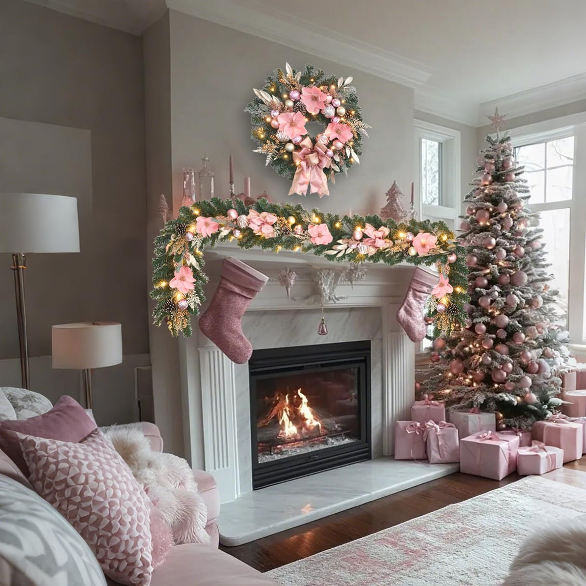 6ft Pink Gold Christmas Garland with Lights,20 LED with Timer, Lighted Door,Fireplace, Mantel and Stairs Winter Decor,Entryway Porch Decoration,prelit Elegant Magnolia Garland for Front Door
