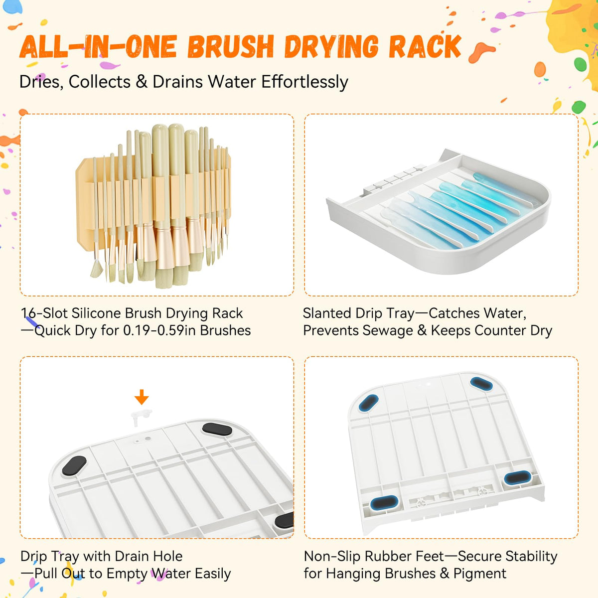 Paint Brush Holder with Drip Tray & Silicone Paint Brush Drying Rack,2 Removable Pegboard Bins for Artist Brush Holder,Paint Brush Stand White Pegboard for Desktop & Wall-Mount for Acrylic Paint Brush
