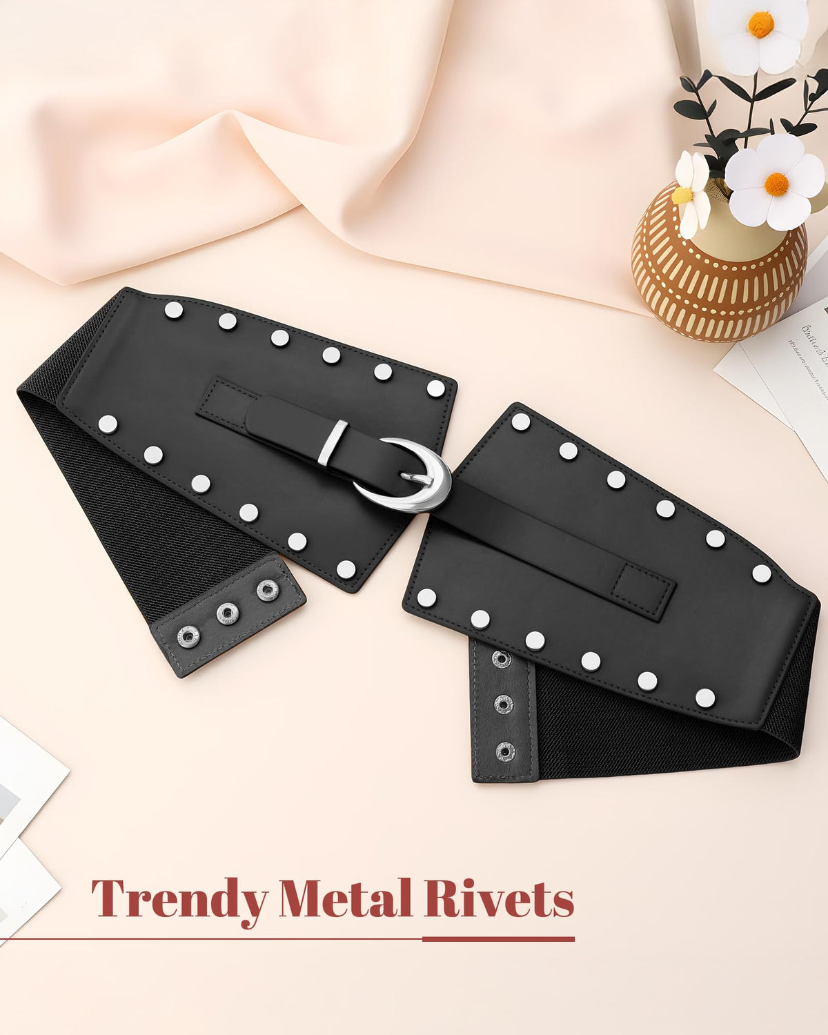 JKEEMI Women Wide Elastic Belt Studded Rivets Stylish Waist Cinch Belt for Dresses Coat