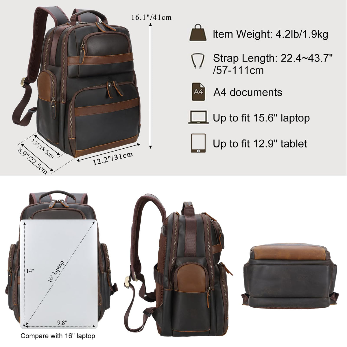 TIDING Leather Backpack 15.6 inch Laptop Backpack Vintage Business Travel Bag Large Capacity Daypacks