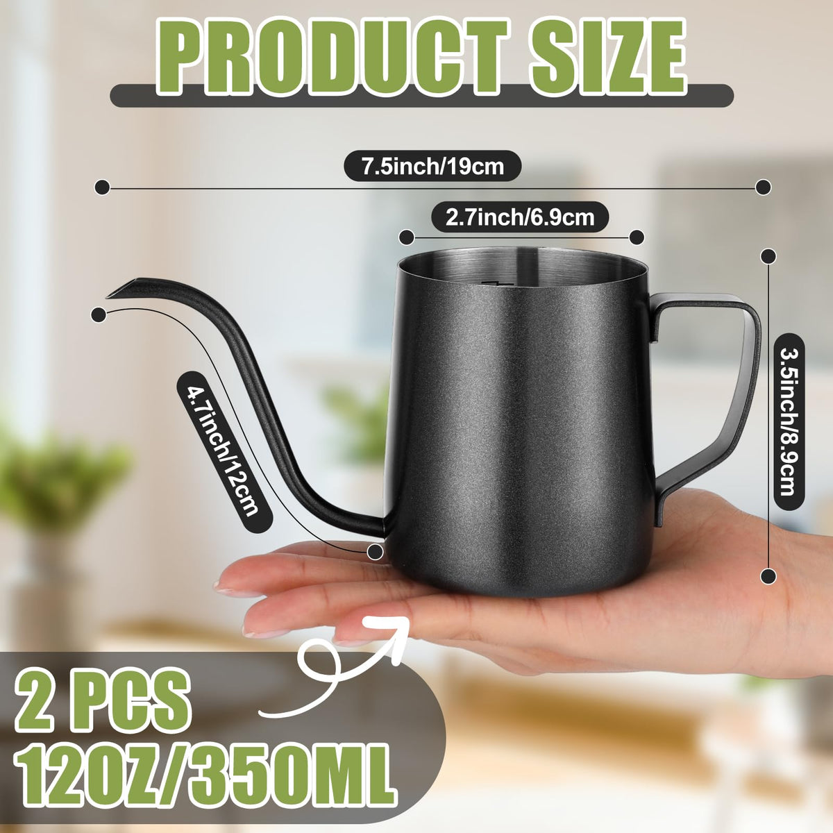 Teecyhooo 2 Pcs Small Watering Can for Indoor Plants, 12 Oz/350 ml Mini Plant Watering Pot with Long Spout and Scale 304 Stainless Steel Tiny Watering-can for Outdoor Indoor Plants Garden(Black)
