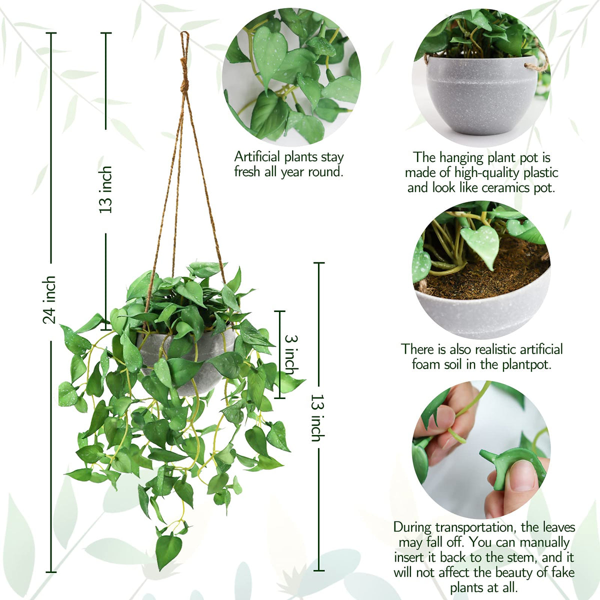 TNNTOPELE Hanging Plant Fake Plants with Pots, 2 Pack Artificial Plants, Faux Anthurium Leaf Basket for Wall Home Room Indoor Outdoor Decor